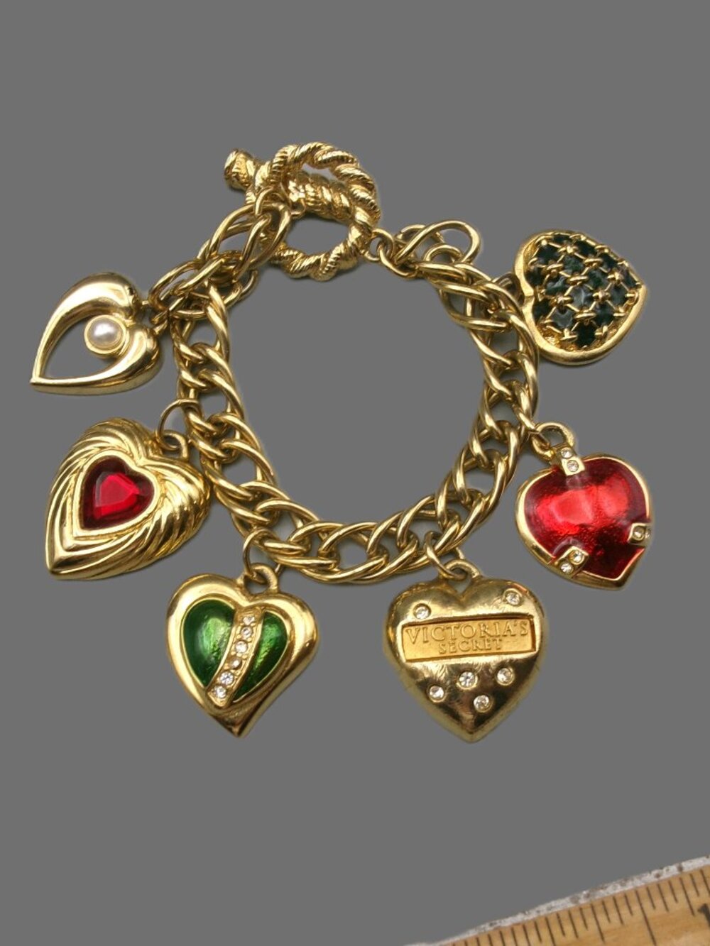 Victoria's Secret Puffy Heart Charm Bracelet, Gold Plated Toggle, Vintage Jewelr
